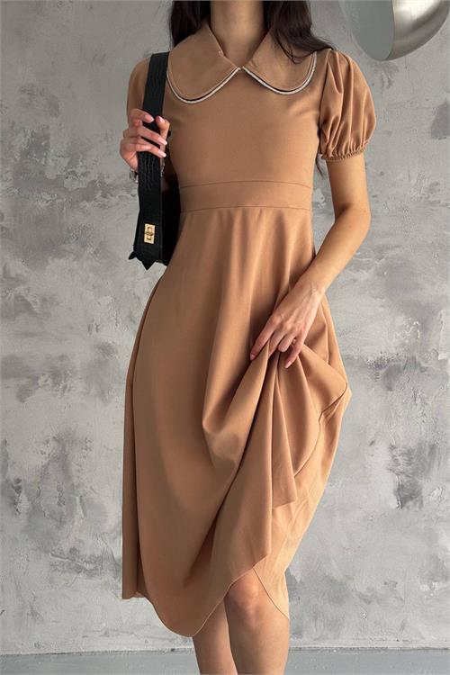Neşeli Butik Kadın Bej Likralı Fermuar Detaylı Krep Elbise Nbk2101 