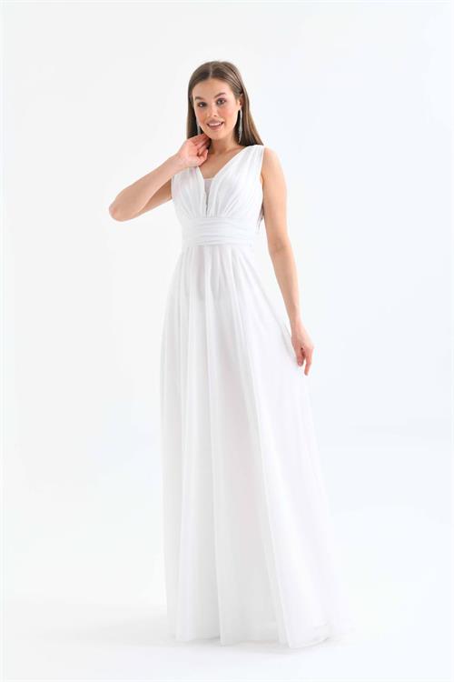 Neşeli Butik Kadın Beyaz V Yaka Simli Tül Abiye Elbise Nbs9223 