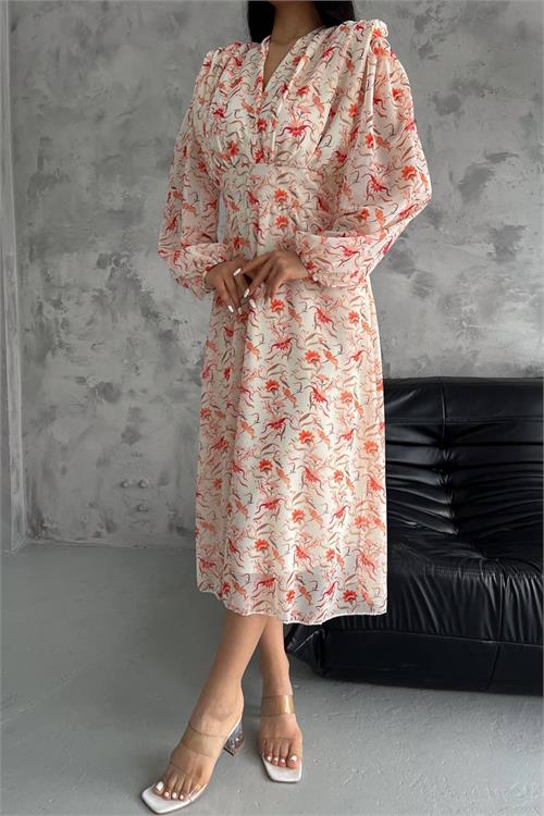 Neşeli Butik Kadın Çiçek Desenli Vatkalı Şifon Elbise Nm2075 