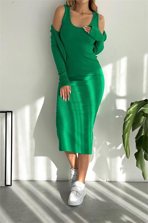 Neşeli Butik Kadın Çıkarılabilir Bolerolu Triko Elbise Kklf65 - Yeşil 