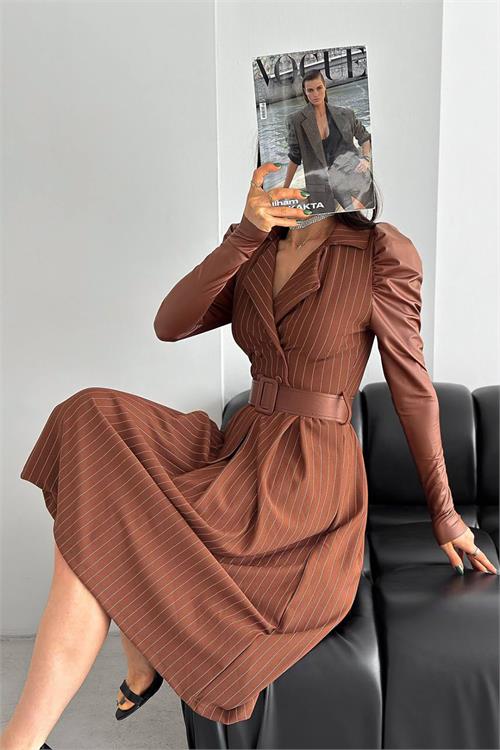 Neşeli Butik Kadın Deri Ve Omuz Detaylı Çizgili Elbise Kklf64 