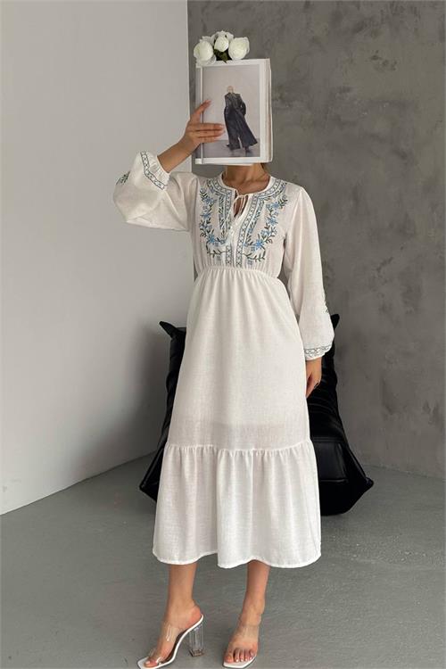 Neşeli Butik Kadın Ekru Astarlı Yakası Bağlama Detaylı Keten Elbise Nmk2073 
