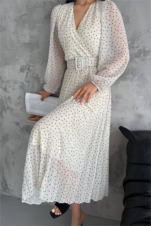 Neşeli Butik Kadın Ekru Puantiye Desenli Kemerli Şifon Elbise Ryk0113 