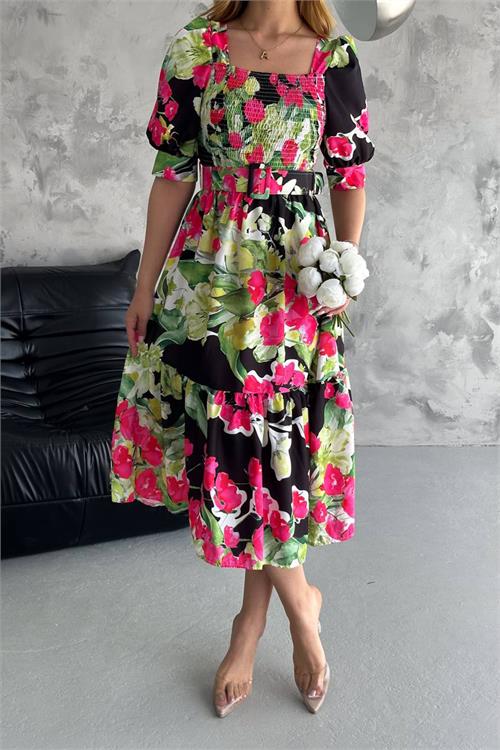 Neşeli Butik Kadın Gipeli Kare Yaka Kemerli Yazlık Elbise Nbk2112 