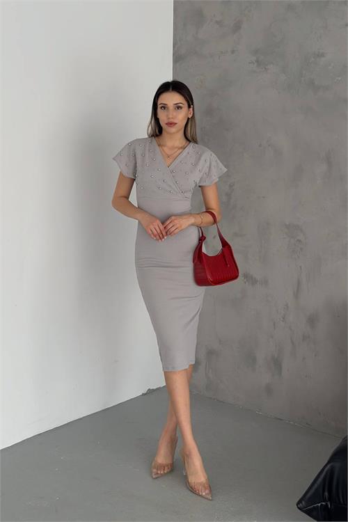 Neşeli Butik Kadın Gri Inci Detaylı Likralı Kalem Elbise Nbk2100 