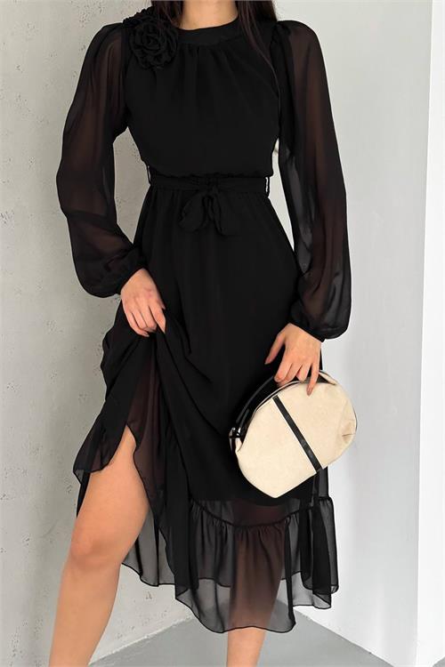 Neşeli Butik Kadın Gül Broş Detaylı Astarlı Şifon Elbise Nbkklf2013 - Siyah 