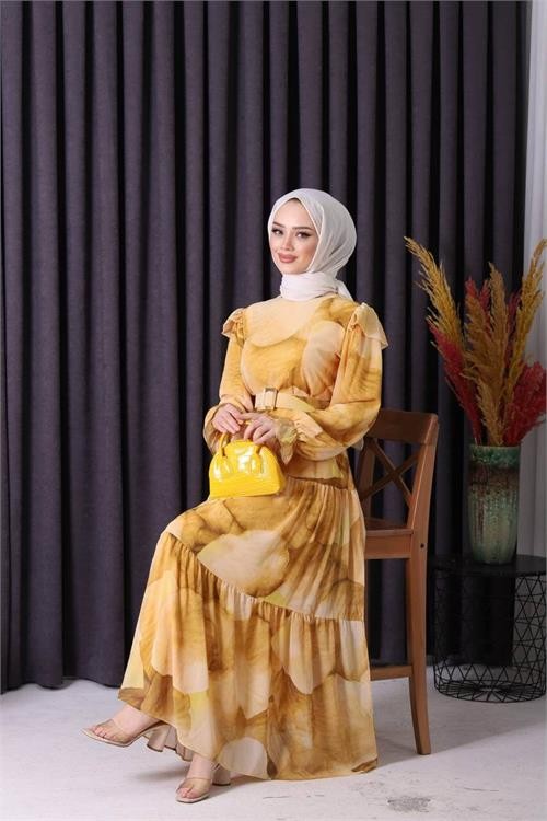Neşeli Butik Kadın Ihtal Kumaş Kemerli Şifon Elbise Sms004 - Sarı 