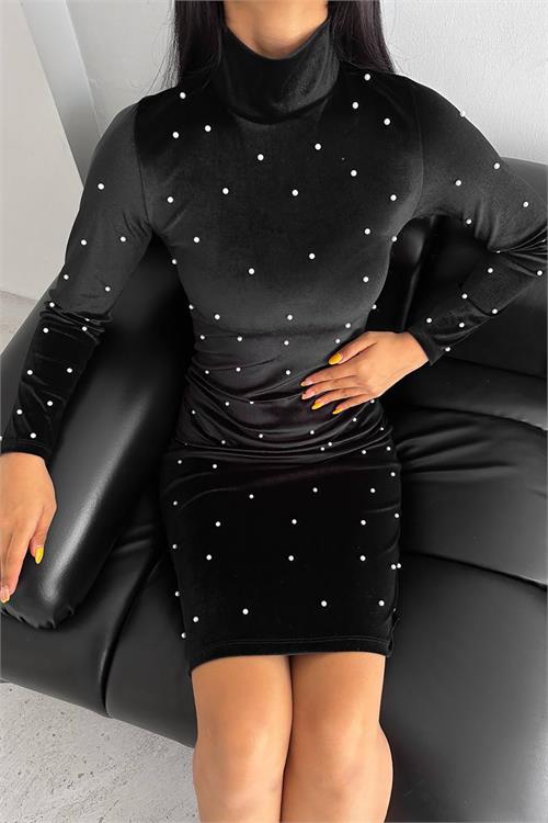 Neşeli Butik Kadın Inci Detaylı Mini Kadife Elbise Kklf77 - Siyah 