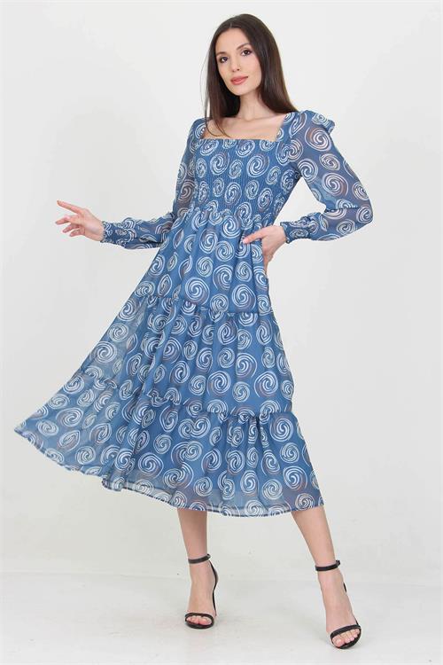 Neşeli Butik Kadın Indigo Gipeli Kare Yaka Desenli Şifon Elbise Nb100361 