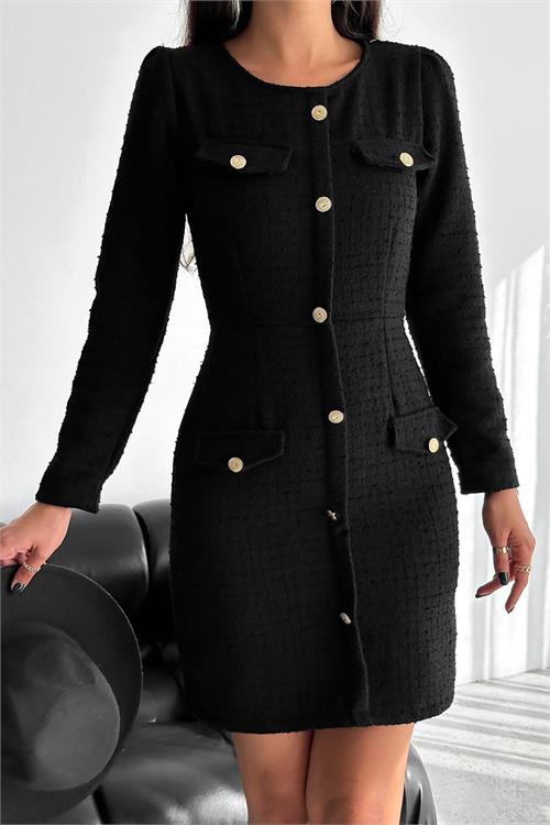 Neşeli Butik Kadın Ithal Kumaş Düğme Detaylı Raşel Elbise Kklf72 