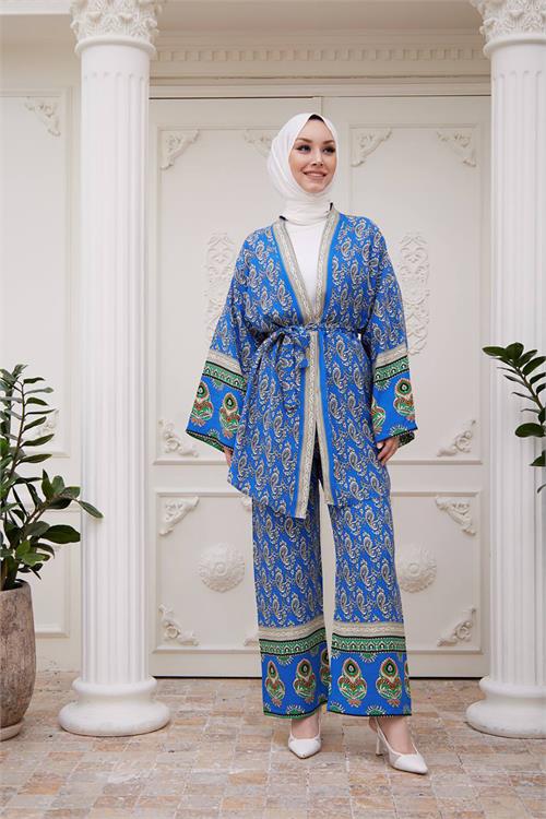 Neşeli Butik Kadın Ithal Kumaş Tesettür Kimono Takım Sms020 - Mavi 