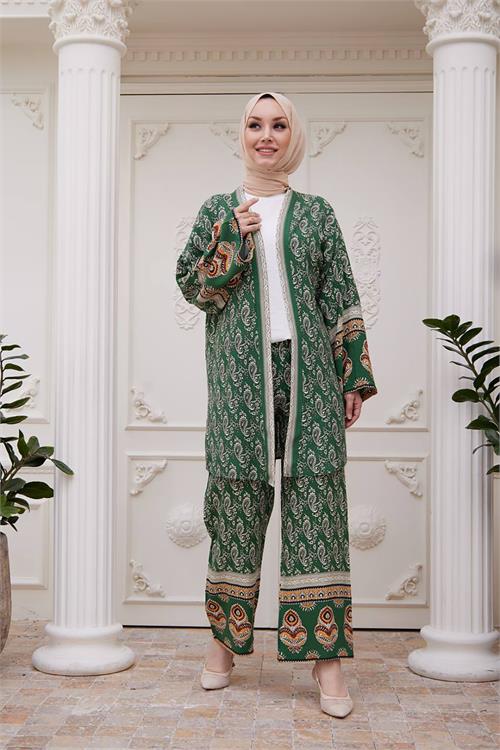 Neşeli Butik Kadın Ithal Kumaş Tesettür Kimono Takım Sms020 - Yeşil 