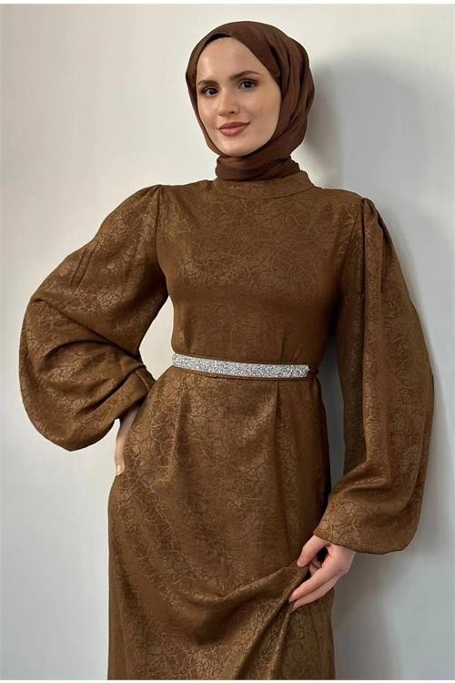 Neşeli Butik Kadın Kahverengi Taş Detaylı Tesettür Elbise Nms001 
