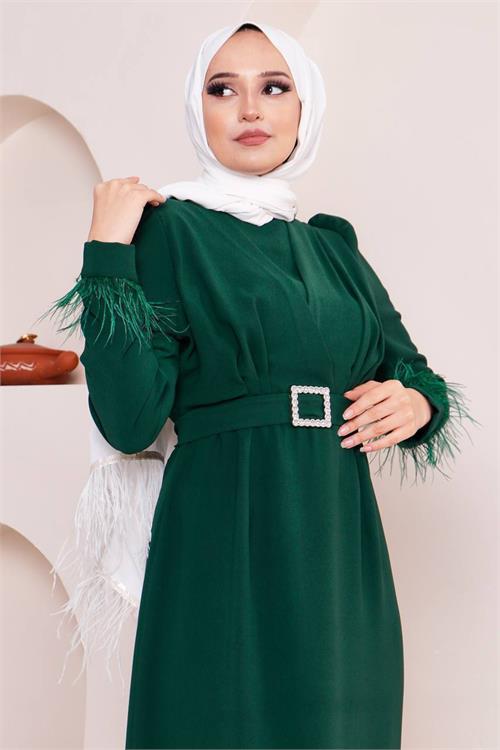 Neşeli Butik Kadın Kalem Kemerli Kol Detaylı Tesettür Elbise Sms034 