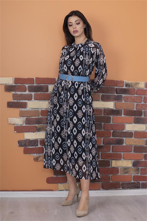 Neşeli Butik Kadın Kemerli Yaka Detaylı Uzun Şifon Elbise Ry0032 