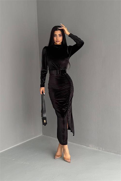 Neşeli Butik Kadın Kemerli Yırtmaç Detaylı Uzun Kadife Elbise Kklf80 