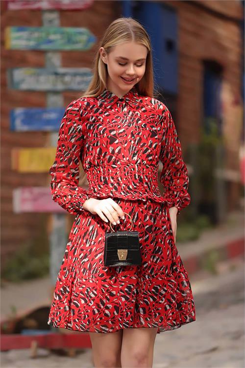 Neşeli Butik Kadın Kırmızı Gipeli Gömlek Yaka Mini Şifon Elbise Rssn23 