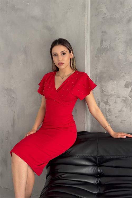 Neşeli Butik Kadın Kırmızı Inci Detaylı Likralı Kalem Elbise Nbk2100 