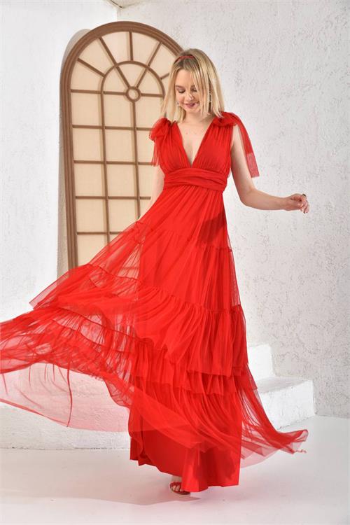 Neşeli Butik Kadın Kırmızı Korsajlı V Yaka Tül Abiye Elbise Nbs9271 