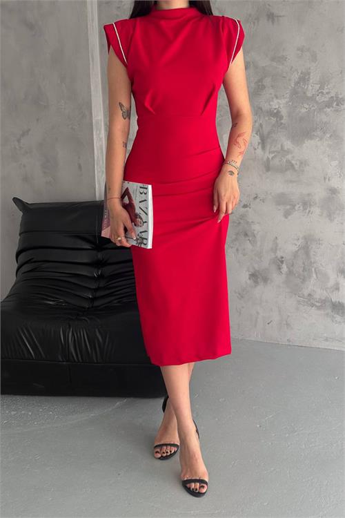Neşeli Butik Kadın Kırmızı Skuba Krep Vatkalı Elbise Nbk2081 