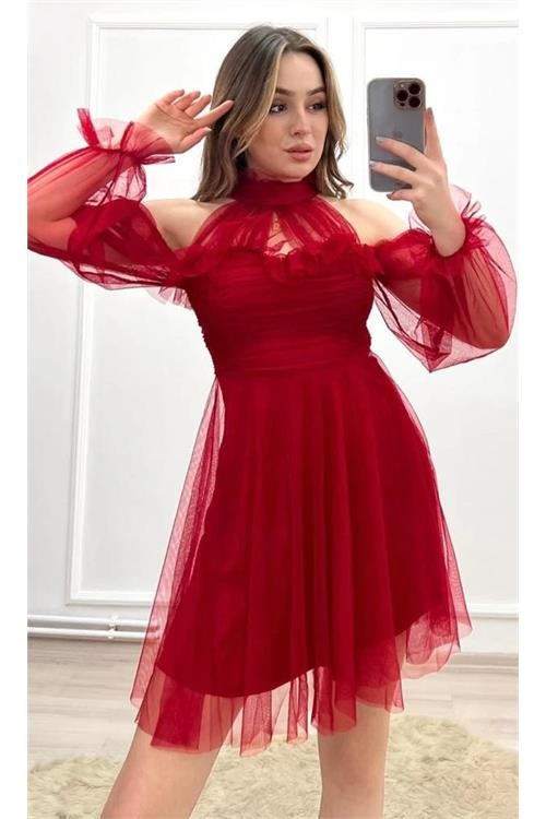 Neşeli Butik Kadın Kırmızı Tül Mini Abiye Elbise Nbswll09 