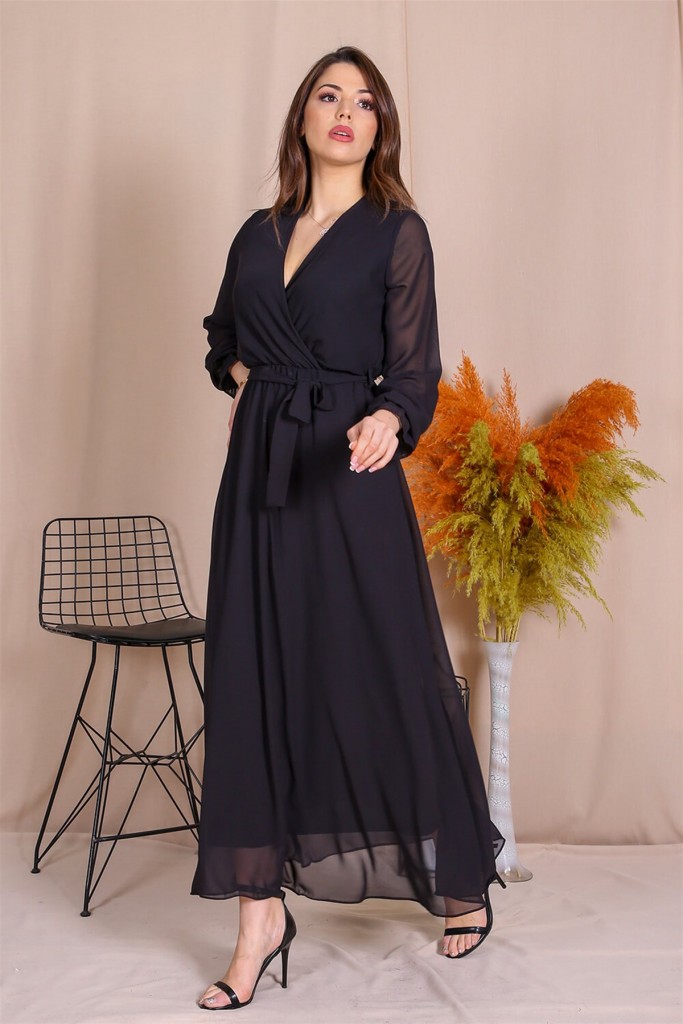 Neşeli Butik Kadın Kruvaze Yaka Bağlama Detaylı Yeni Sezon Uzun Şifon Elbise Kts003 