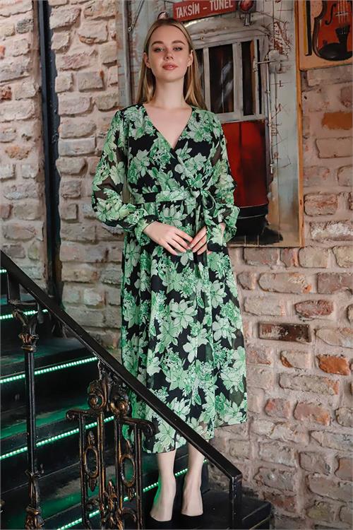 Neşeli Butik Kadın Kruvaze Yaka Çiçek Desenli Midi Elbise Rssn29 