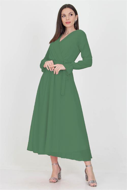 Neşeli Butik Kadın Kruvaze Yaka Zümrüt Yeşili Uzun Şifon Elbise Kts003 