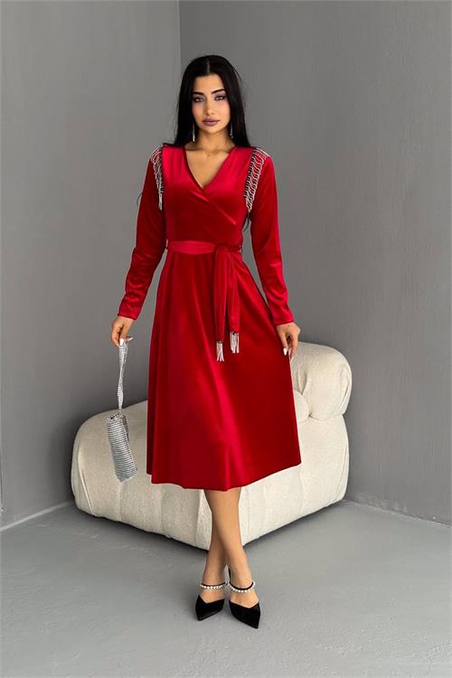Neşeli Butik Kadın Kuşaklı Zincir Detaylı Kadife Elbise Kklf78 - Kırmızı 