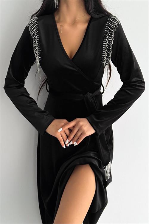 Neşeli Butik Kadın Kuşaklı Zincir Detaylı Kadife Elbise Kklf78 - Siyah 