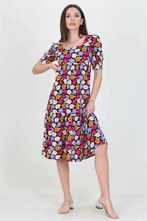 Neşeli Butik Kadın Lila Kare Yaka Eteği Fırfırlı Çiçek Desenli Viskon Elbise Nb10026 