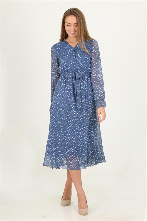 Neşeli Butik Kadın Mavi Desenli Düğme Detaylı V-Yaka Şifon Elbise Rssn10 