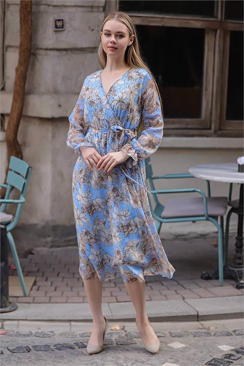 Neşeli Butik Kadın Mavi Kruvaze Yaka Çiçek Desenli Midi Elbise Rssn29 