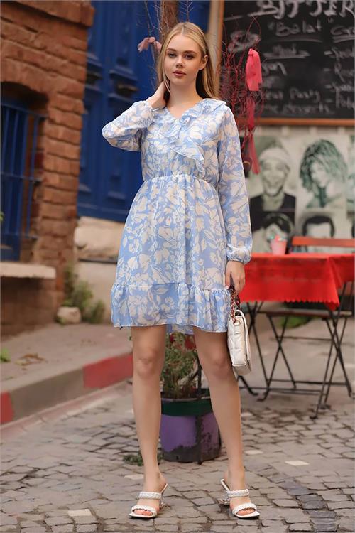 Neşeli Butik Kadın Mavi Kruvaze Yaka Detaylı Eteği Fırfırlı Şifon Elbise Rssn20 