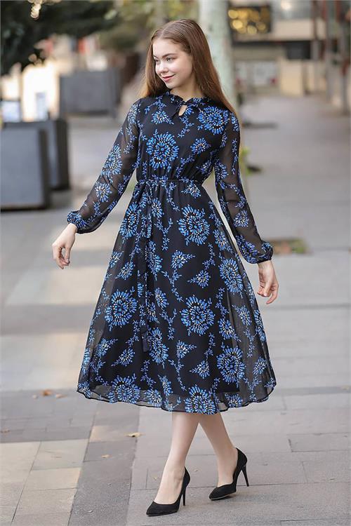 Neşeli Butik Kadın Mavi Kuşaklı Yakası Bağlama Detaylı Astarlı Şifon Elbise Rssn28 