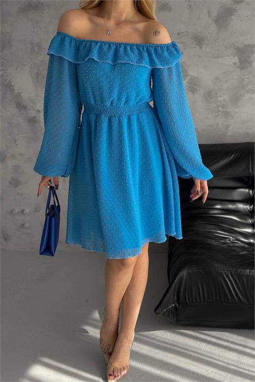Neşeli Butik Kadın Mavi Madonna Yaka Mini Ponpon Şifon Elbise Nbk2057 
