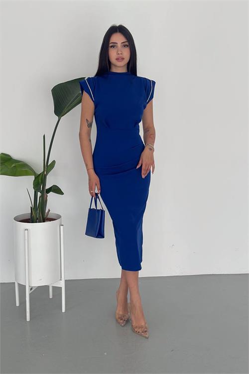 Neşeli Butik Kadın Mavi Skuba Krep Vatkalı Elbise Nbk2081 