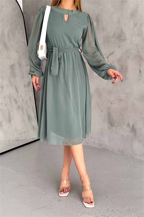 Neşeli Butik Kadın Mint Midi Boy Astarlı Şifon Elbise Nbkklf2027 