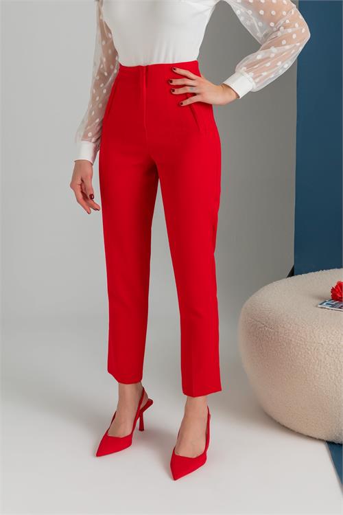 Neşeli Butik Kadın Pensli Ofis Pantolon Qns047 - Kırmızı 