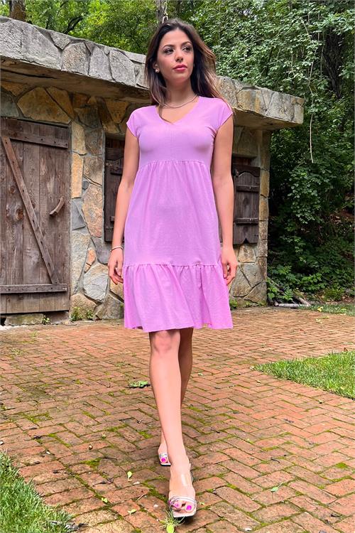 Neşeli Butik Kadın Pudra Yeni Sezon V-Yaka Eteği Fırfırlı Yazlık Elbise Lptr02 