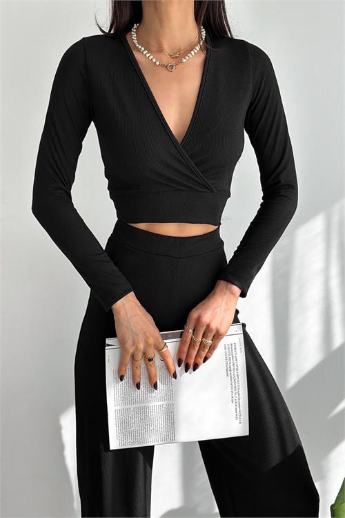 Neşeli Butik Kadın Salaş Pantolon Crop Ikili Takım Kklf52 - Siyah 