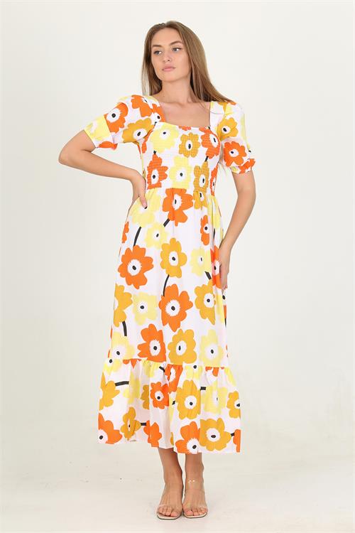 Neşeli Butik Kadın Sarı Kare Yaka Çiçek Desenli Günlük Elbise Snp006 