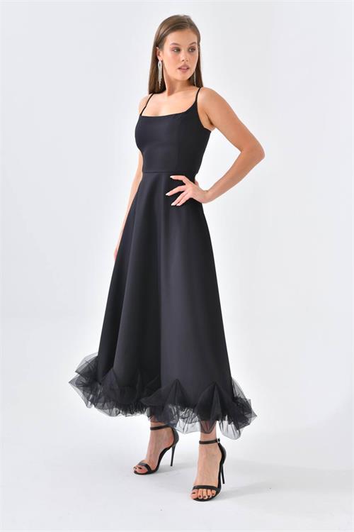 Neşeli Butik Kadın Siyah Askılı Eteği Fırfır Detaylı Abiye Elbise Nbswll12 