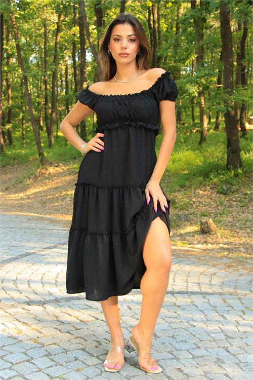 Neşeli Butik Kadın Siyah Gipeli Carmen Yaka Ayrobin Yazlık Elbise Dks026 