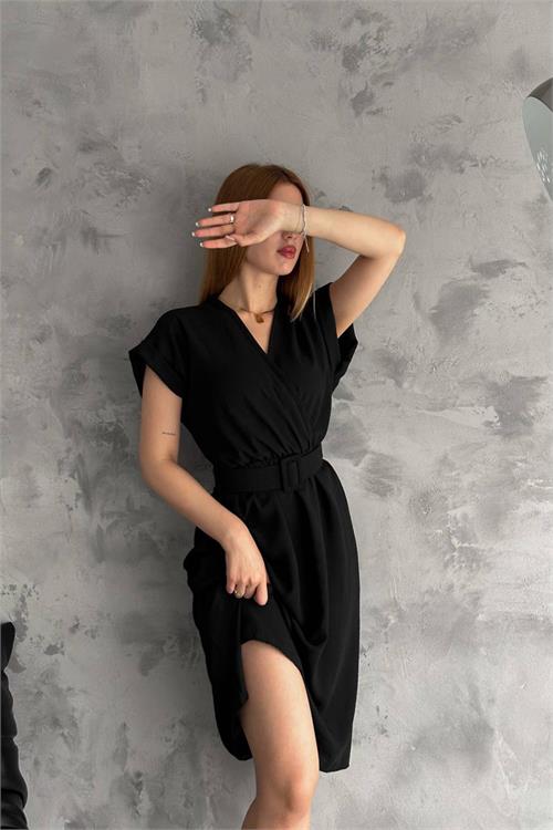 Neşeli Butik Kadın Siyah Kemerli Kruvaze Yaka Ayrobin Elbise Nbk2109 