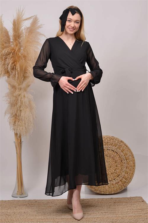 Neşeli Butik Kadın Siyah Kruvaze Yaka Baby Shower Şifon Hamile Elbise Hml003 
