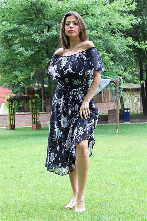 Neşeli Butik Kadın Siyah Kuşaklı Çiçekli Yazlık Şifon Elbise Nb100371 
