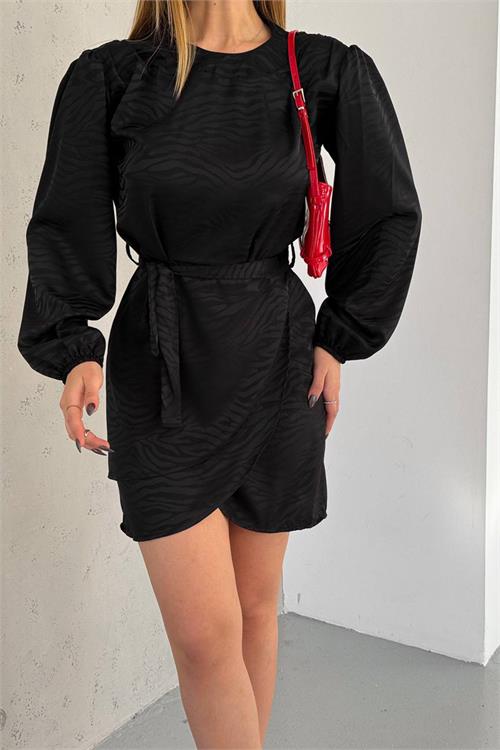 Neşeli Butik Kadın Siyah Kuşaklı Mini Boy Saten Elbise Nbkklf2021 