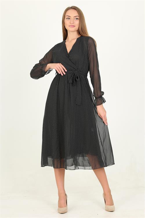 Neşeli Butik Kadın Siyah Puantiyeli Kruvaze Yaka Şifon Elbise Rssn12 