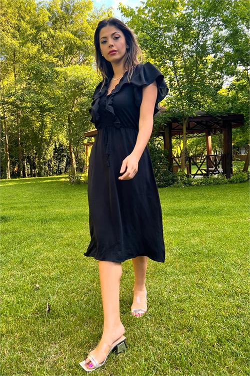 Neşeli Butik Kadın Siyah Yaka Ve Kolları Fırfırlı Bağlama Detaylı Ayrobin Elbise Nb10050 
